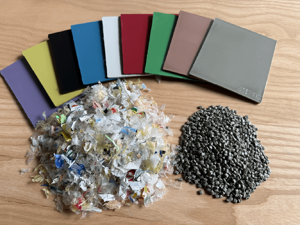 プラごみから作られた再生材とカラフルなプレート